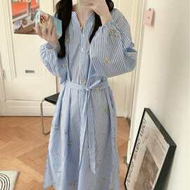 韩国ins女士春秋新品女甜美度假风睡袍睡裙条纹绣花可外穿家居服