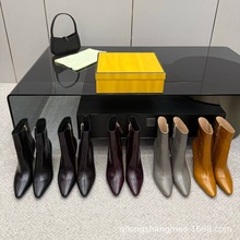 高端2025秋冬欧美鳗鱼牛皮尖头复古锥形高跟侧拉链短靴时装单靴女