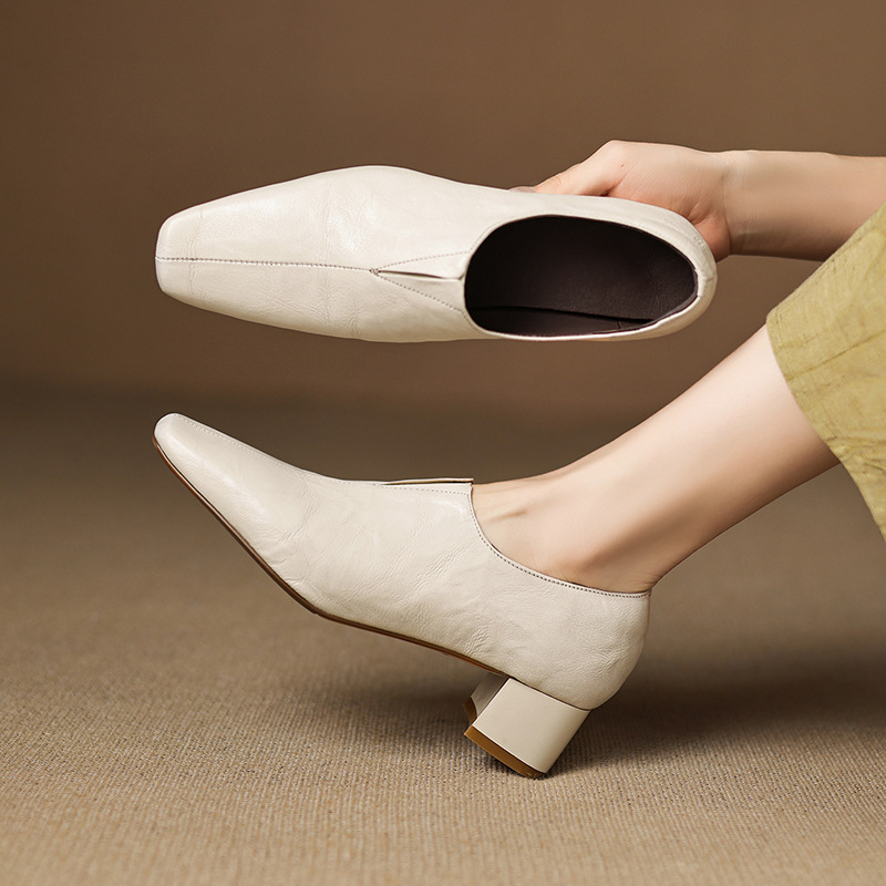 Minimalist Style Versatile Square-Toe Slip-On Deep-Cut Single Shoes for Women with 4cm Thick Heel and Medium Heel Commuter Small Leather Shoes