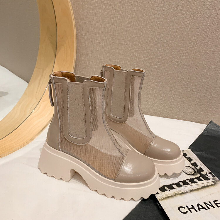Boot ngắn nữ da bò mũi tròn đế dày thoáng khí khóa kéo sau — Màu đen, Màu mơ chi tiết 122
