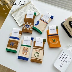 棕色條紋襪子女ins潮中筒襪純棉春夏字母長襪堆堆襪諸暨百搭女襪