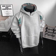 民族风高领连帽加绒卫衣男款秋季贝贝绒潮牌美式拼接帽衫上衣外套