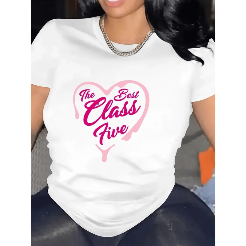 Women's Casual Sports Clothing in White and Pink with "Best Five Categories" Heart-Shaped Print, Round-Sleeve Casual Wear, Street Aesthetic Clothing Women's Casual Sports Clothing in White and Pink with "Best Five Categories" Heart-Shaped Print, Round-Sleeve Casual Wear, Street Aesthetic Clothing