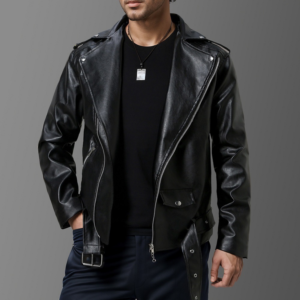 24 autumn/winter new men's high-quality slim fit lapel sloping British fashion motorcycle suit leather jacket_voghion.com