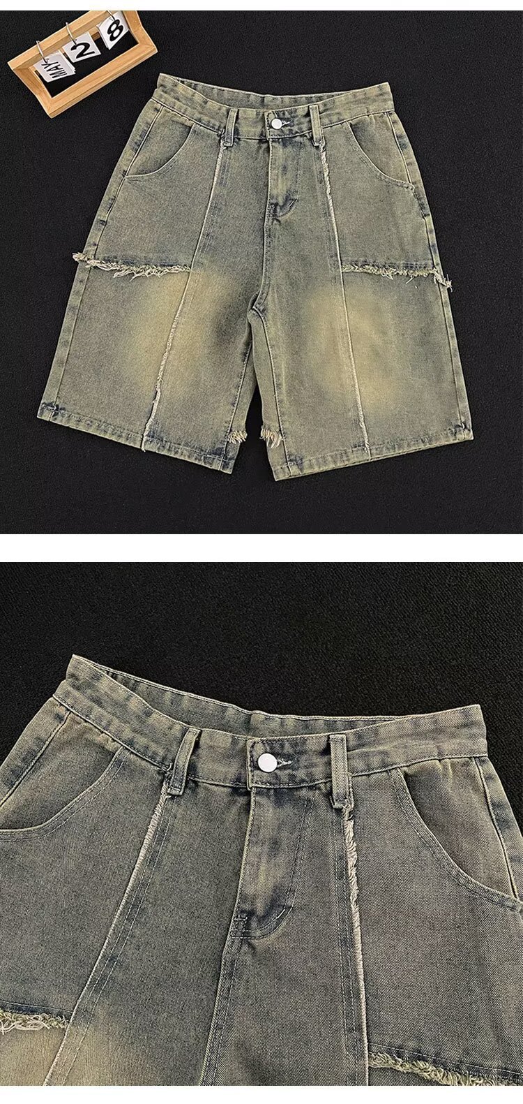 Men's Denim Shorts Retro Distressed Frayed Patchwork Loose Fit_voghion.com