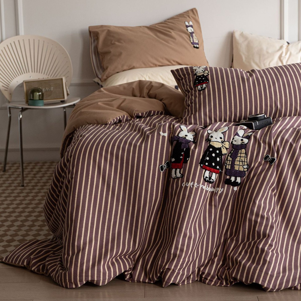 Autumn And Winter Cartoon Striped Plaid Thickened Brushed Four-piece Set, Pure Cotton Cute Bed Duvet Cover, Fitted_voghion.com
