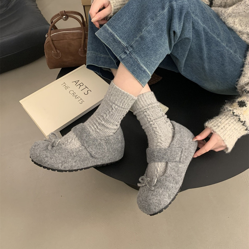 2025年春秋季新款时尚百搭蝴蝶结毛毛鞋女冬外穿呢子加绒单鞋平底|undefined