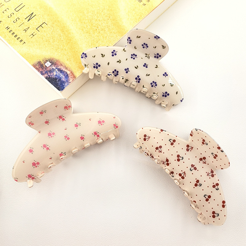 棠梨小清新蓝色小碎花小樱桃大号亚克力抓夹后脑勺鲨鱼夹时尚发饰