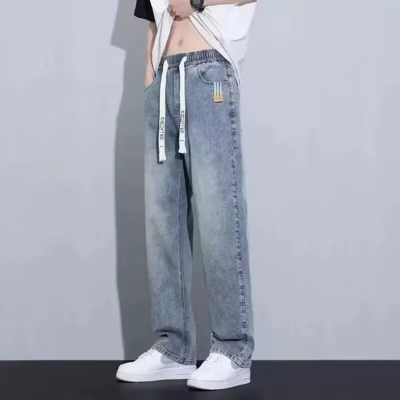 男士春秋牛仔裤宽松直筒美式休闲裤男潮流松紧腰休闲牛仔裤男款