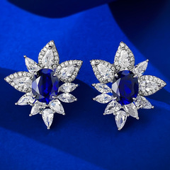 慕景珠寶歐美新款S925銀2克拉藍剛玉橢圓耳釘經典輕奢百搭跨境款