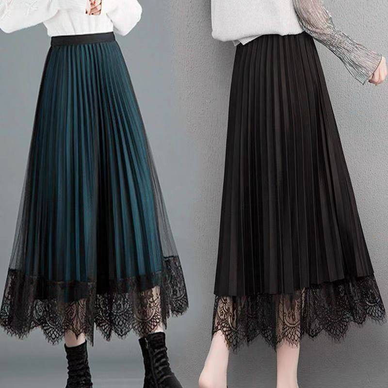 [Two-sided wear] Women's Autumn and Winter New Arrival plus size High Waist Lace Pleated Skirt Mid-Length Slim Mesh Skirt