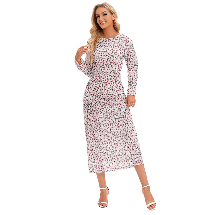 Floral Print Long Sleeve Maxi Dress Wrap Style with Drawstring Waist Chiffon Fabric for Women Size S to XXL_voghion.com