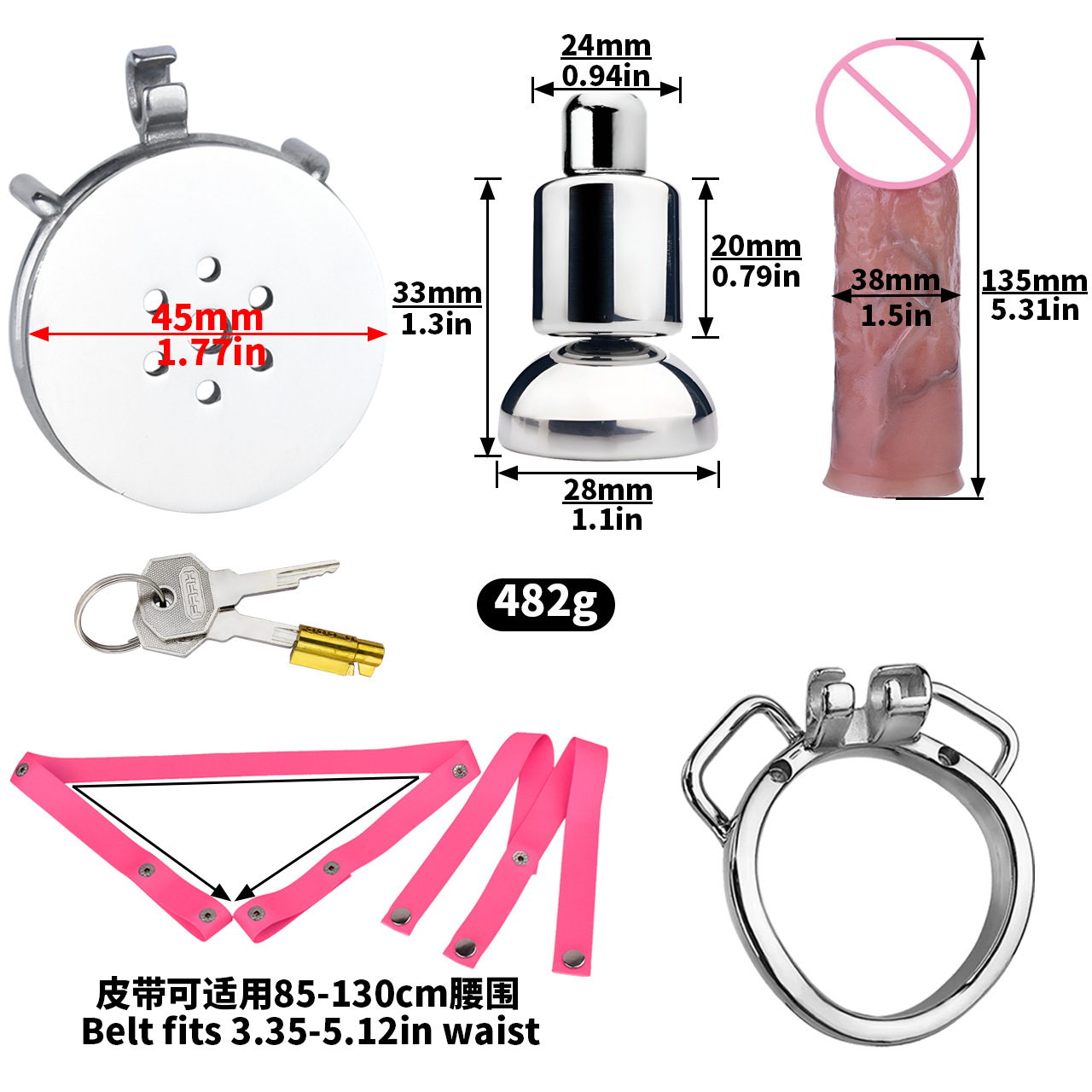 [3176a] k-04a 40mm arc ring + urine support base + m size penis + pu-5 pink elastic belt