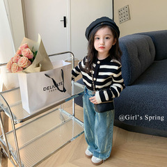 Elmo Beibei medium-sized baby girl's stylish striped knitted cardigan jacket + tie-dyed denim wide-leg pants suit