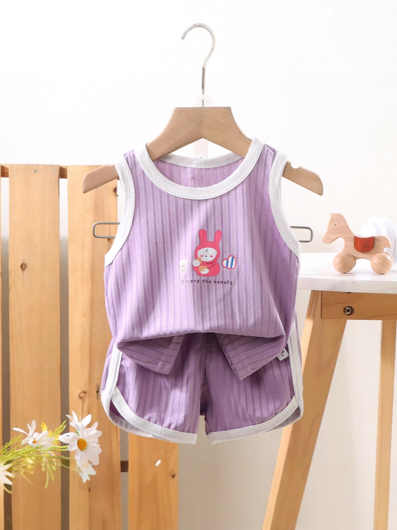 Traje de chaleco para niños, pantalones cortos sin mangas de seda de hielo finos de verano para niños y niñas, traje deportivo de ocio para bebés de dos piezas