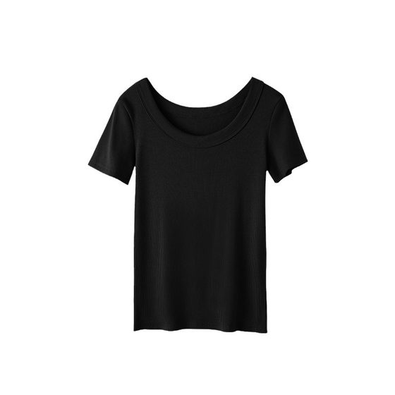 Shoulder Threaded T-shirt Women's Summer 2025 New Slim-fit All-match Slimming plus size U-neck High Elastic Short-sleeved Bottoming Top