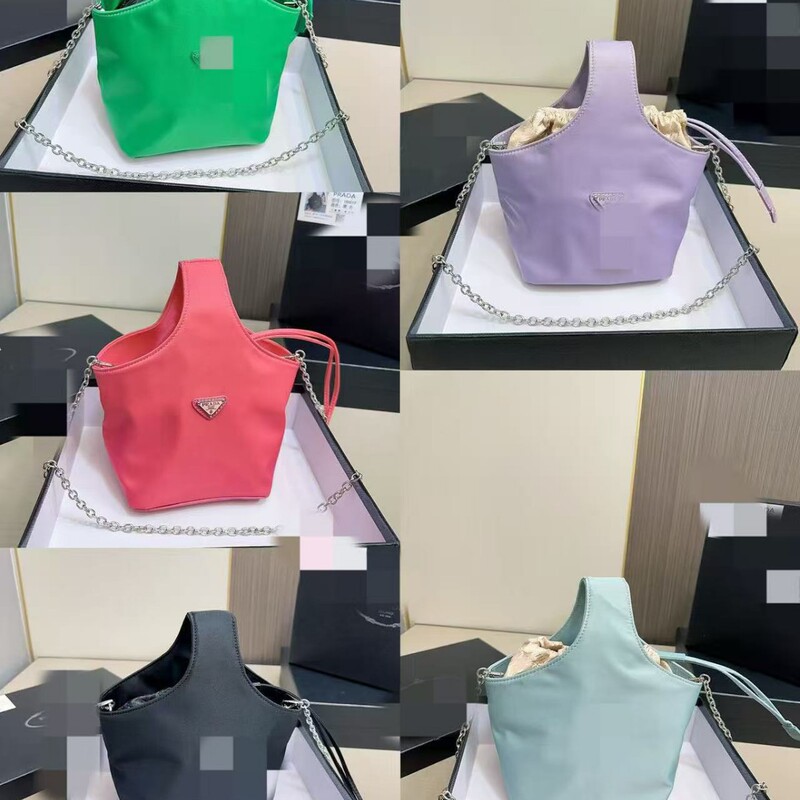2025 New Black Handbag Retro Triangle Cool Black Chain Women's Bag Shoulder Messenger Bag Nylon Cloth Bucket Bag