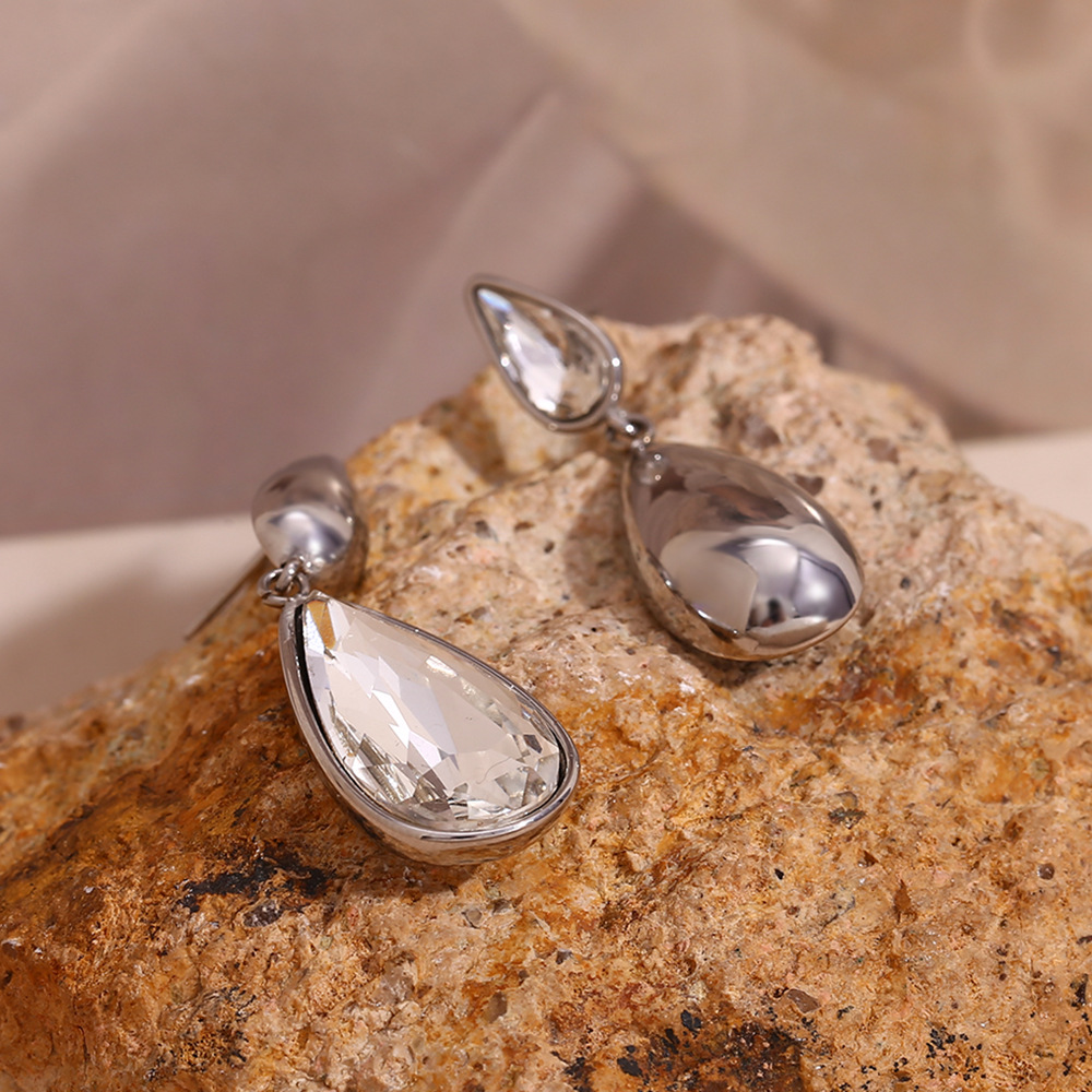 Steel Color Water Drop White Diamond Stainless Steel Earrings