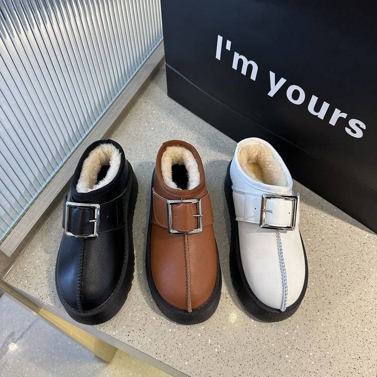 Plush Warm Snow Boots for Women Summer New Style Platform Buckle Thick-Soled Toe Slippers Furry New Shoes for Women