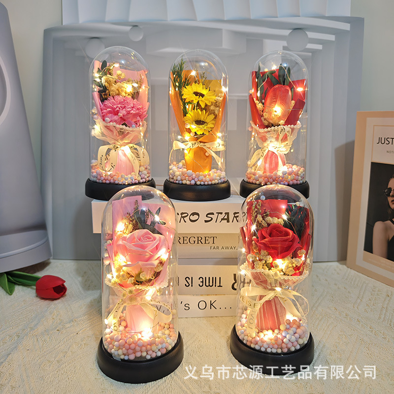母の日 バレンタインデー ギフト バラ カーネーション チューリップ ソープ ガラス カバー ランプ 完成した花束 不滅の花|undefined