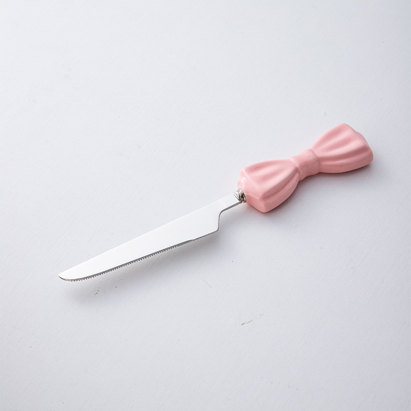 Ins Style Large Bowknot Creative Ceramic Handle 304 Stainless Steel Knife High Appearance Fork Dessert Spoon_voghion.com