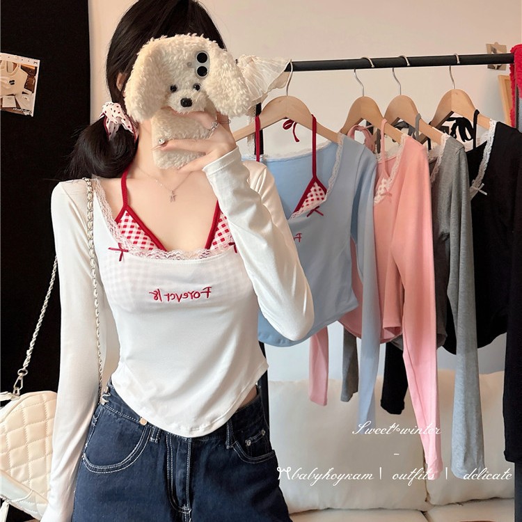 5073 # Early Autumn Plaid Splicing Fake Two-Piece Long-Sleeved T-Shirt Design Niche Slimming Look Short Versatile Top