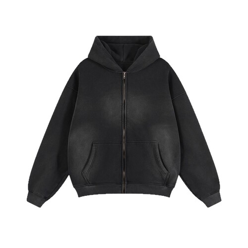 Boxy Short Wide Monkey Fleece Zip-up Hooded Sweatshirt for Men 350G Autumn/Winter Thick Casual Tied-in Waist Hoodie Wholesale
