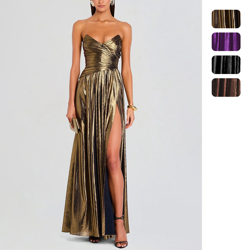 Independent Site Amazon Cross-Border European and American Women's Dress Party Dress Tube Top Pleated Slit Sleeveless Women's Dress 8209