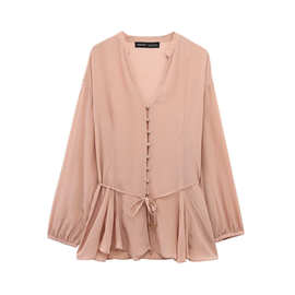 欧美批发2025春季新款女装收腰系带金色扣显瘦法式V领衬衫B4-7878