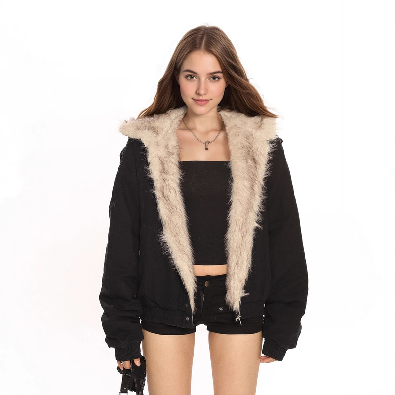 European and American Style Mountain Carving Furry Hooded Fur Collar Coat for Women, Thickened Jacket, American Style Winter Parka Cotton Coat, Trendy Cotton Clothing