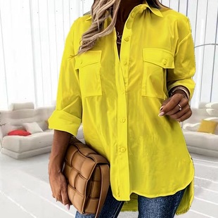 2024 cross-border AliExpress Amazon ins fashion lapel solid color spring preferred large size fat sister shirt