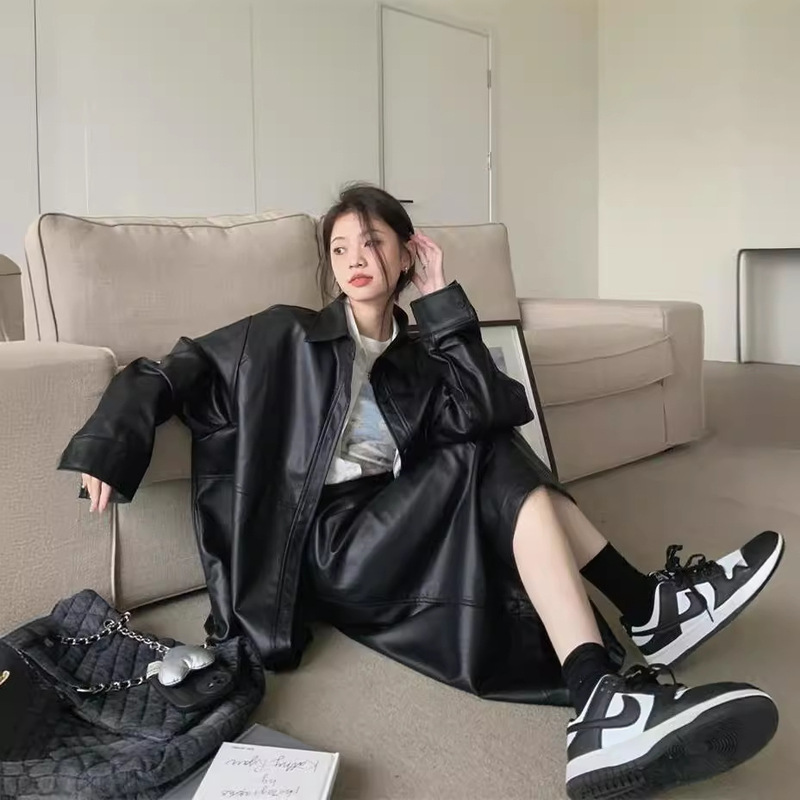 Real Shot of 2025 New Autum Korean Style Ins Cool Girl Pu Leather Jacket and Skirt Suit Hong Kong Style Leather Jacket Jacket for Women