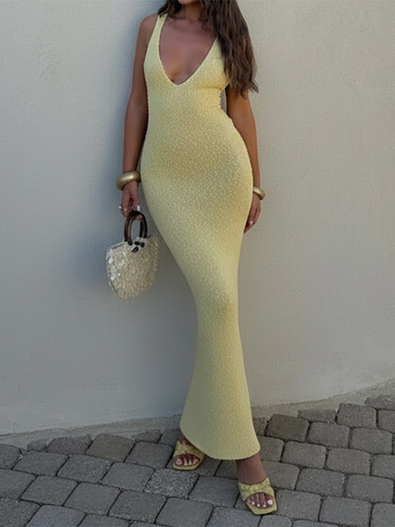 Women Elegant Mature Queen Style Spaghetti Strap Sexy Slim Knit Long Maxi Dress Party Evening Wear_ecoleips.com
