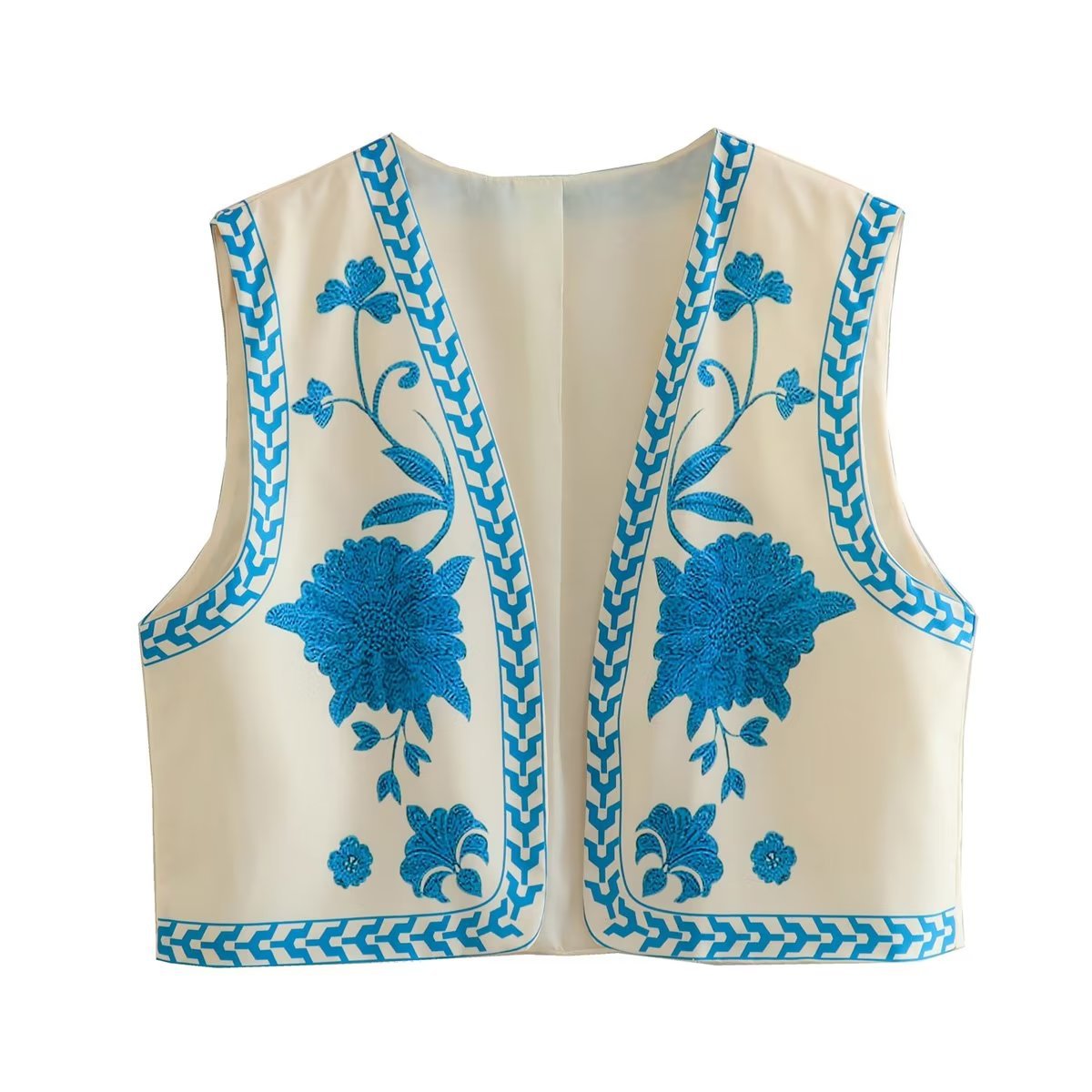 Ropa de mujer de estilo europeo y americano de comercio exterior 2023 verano nuevo retro impreso corte desgaste exterior cardigan chaleco estilo francés image 2