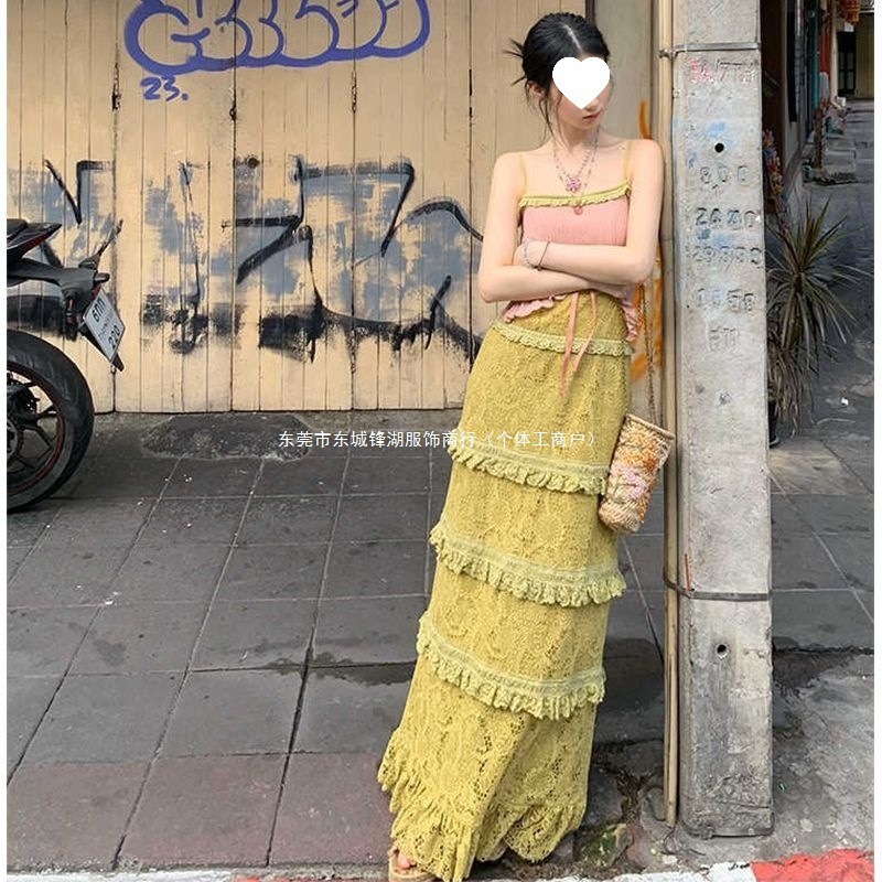 度假马卡龙撞色花边吊带连衣裙/官搭开衫套装褶皱拼接印花|undefined