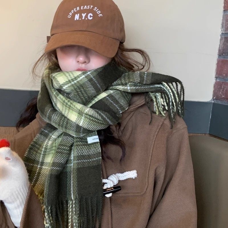 Bufanda a cuadros verde para mujer, edición coreana, estudiante de sentido avanzado, nueva, versátil, gruesa, cálida, cuello tipo chal, invierno_voghion.com