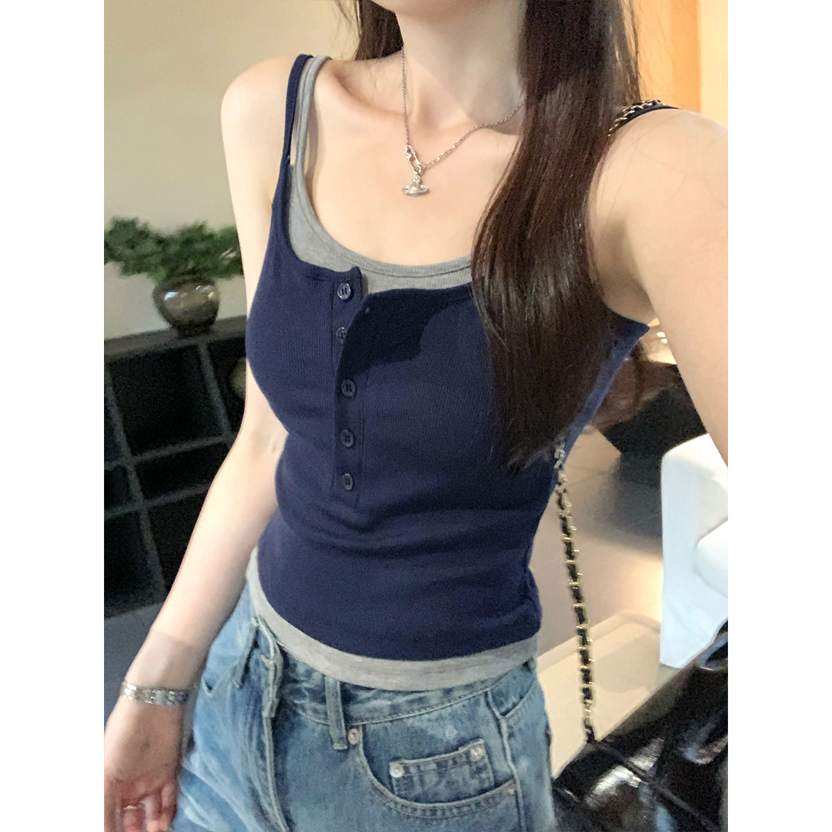 American-Style Strapless Faux Two-Piece Camisole for Women, Summer Outerwear with Chest Pads, Inner Wear, Beautiful Back, Color-Blocking Short Top