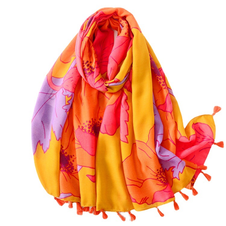 Invierno nuevo brillante grande flor decorativa caliente chal satén algodón largo borla bufanda algodón y lino sensación bufanda para mujeres