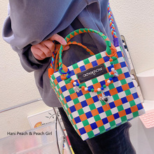 HD3225A15多巴胺创意链条串珠撞色编织菜篮子包可爱可斜挎包包女
