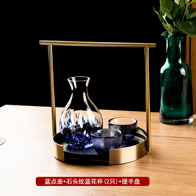 Glossy blue dot pot + blue stone pattern cups (2 pieces) + portable plate