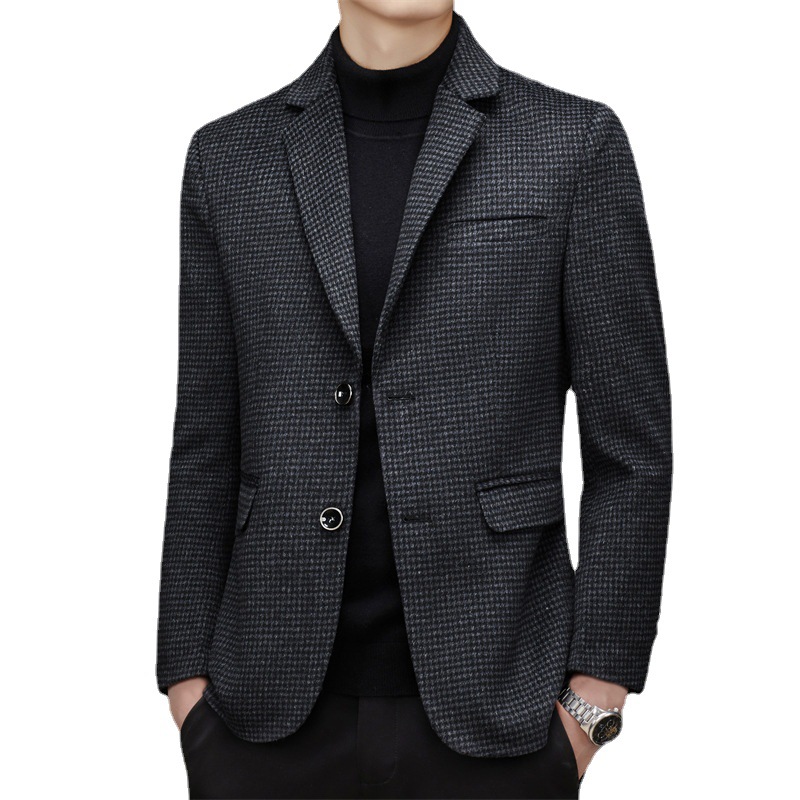 秋冬ウールブレザー メンズファッション カジュアル 格子柄 スリムフィット 暖かい ウールスーツ シングルブレザー トレンド