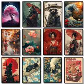 日本山水武士艺妓艺术海报厂家批发来图打印海报外贸入仓货源Temu