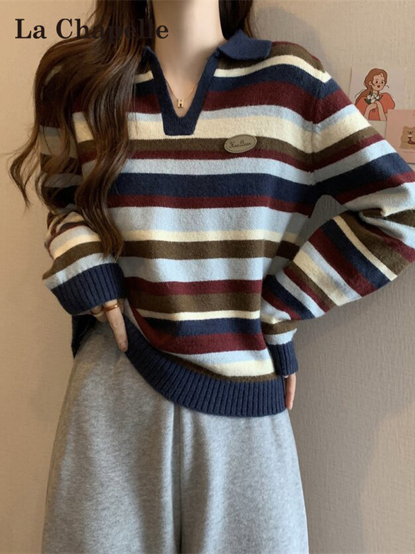 法式复古Polo领长袖撞色条纹针织衫秋季新款女装气质毛衣显瘦上衣|undefined