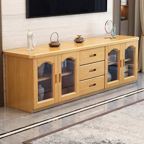 Small Living Room with Glass Door Storage Cabinet, Film and TV Storage Cabinet, All Wood TV Stand, Coffee Table Set, Simple Design