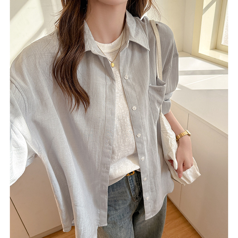 French-Style Linen Blue Shirt for Women 2026 New Model, Elegant Long-Sleeve Loose Fit Versatile Sun-Protection Shirt Jacket French-Style Linen Blue Shirt for Women 2026 New Model, Elegant Long-Sleeve Loose Fit Versatile Sun-Protection Shirt Jacket