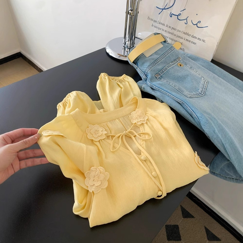 Dopamine Yellow Bow Shirt Women's Top Small People Design Sense Niche Unique Super Beautiful Beautiful Small Shirt