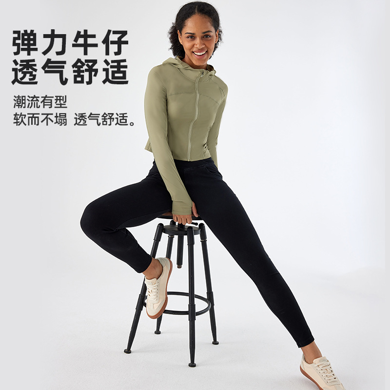 Nuevo cross-border de cintura alta recta jeans de yoga ajustado para mujeres adelgazamiento de cadera elástica de doble bolsillo pantalones de gimnasio