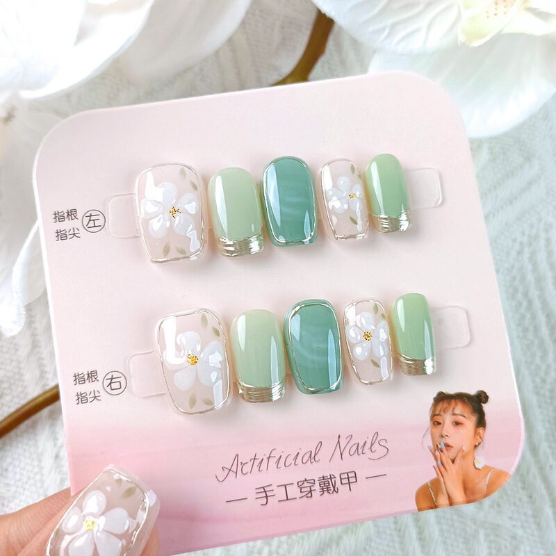 Cross-Border Gentle Blue Glaze Flower Cluster Nail Art, Light Green Mint Color Nail Stickers, Fresh and Artistic Style Press-On Nails