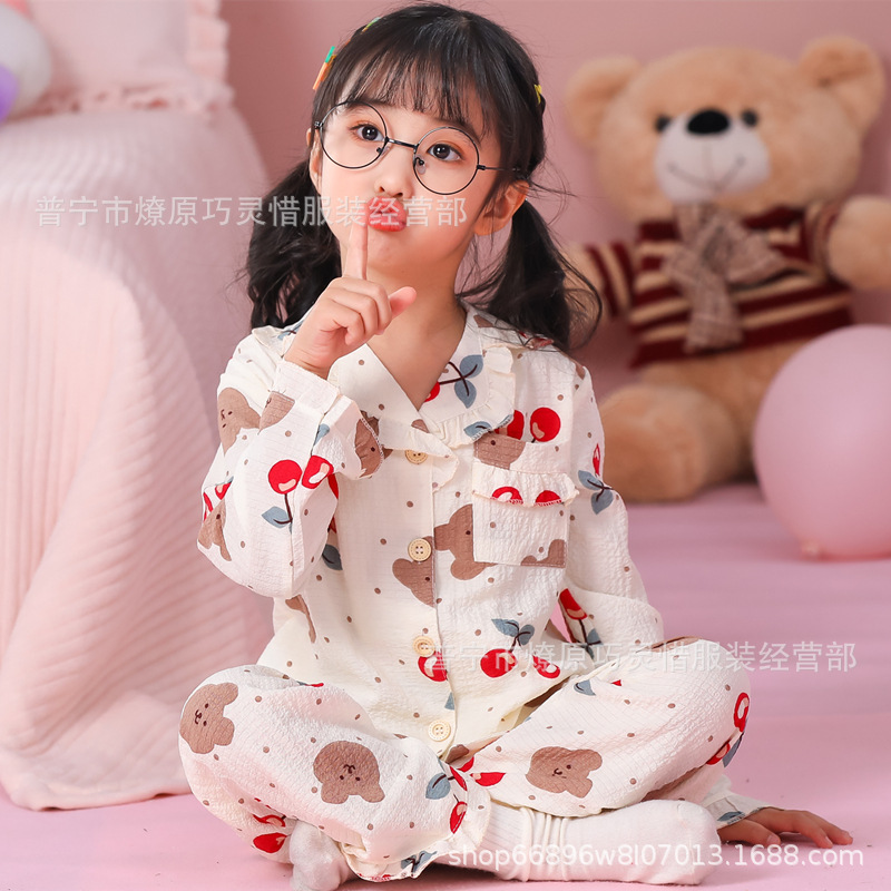 Pijama de niñas primavera y otoño dibujos animados tela espuma de tela delgada manga larga lindo ropa para niños de tamaño medio y grande ropa para el hogar