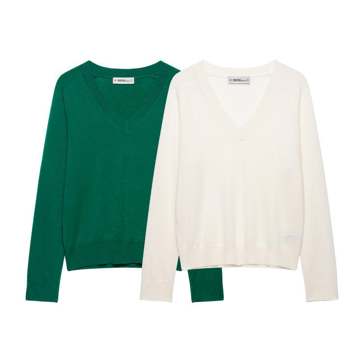 Cross-border European and American style, popular and trendy long-sleeved V-neck ribbed knit sweater